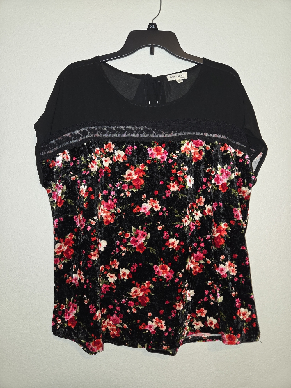 Faith and Joy Black Velvet Floral Short Sleeve Blouse with Pink & Red Blooms
